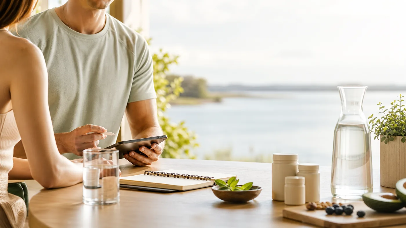 Gesundheitsberatung mit Wasser und natürlichen Produkten am See